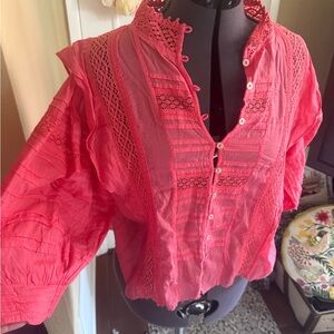 Free People Coral Lace Accent Blouse